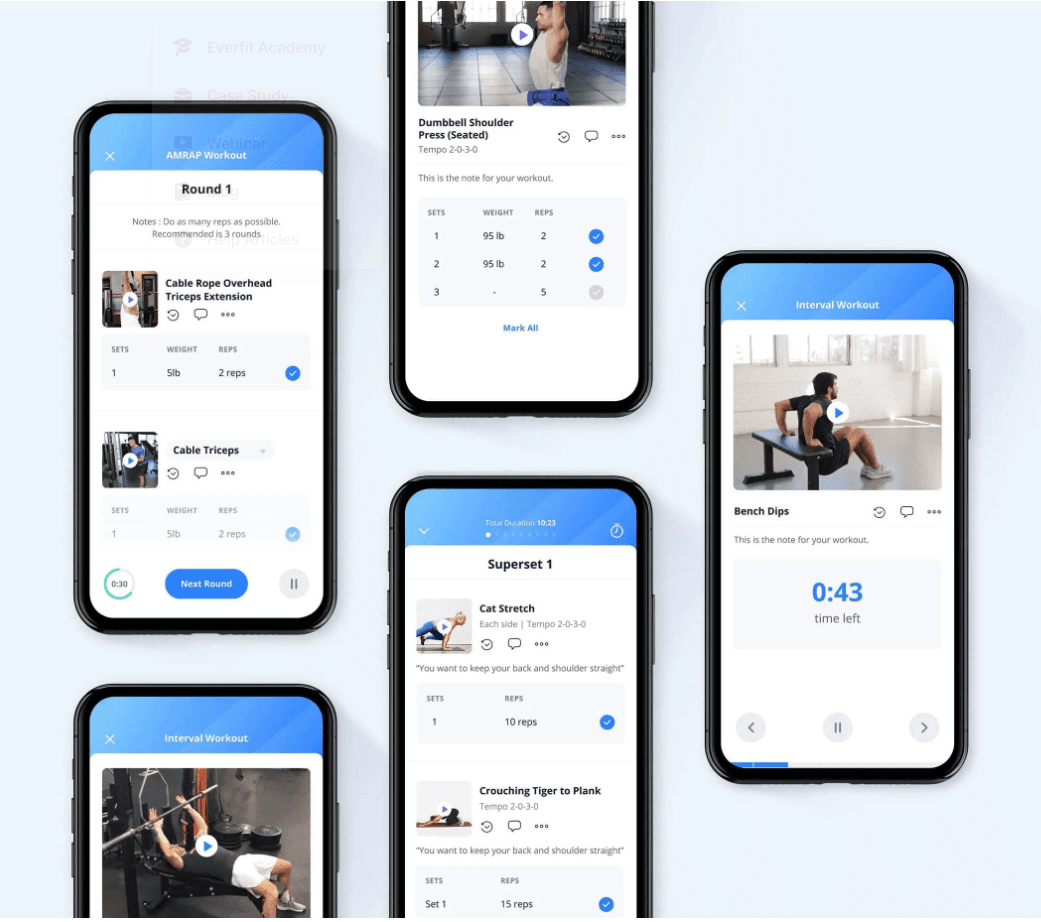 Coaching app showing structured workouts, supersets and interval sessions