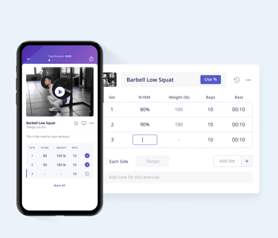 Coaching app showing exercise instructions, sets, reps and load tracking